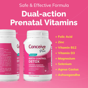 Conceive Plus prenatal vitamins on a pink background with text highlighting ingredients.