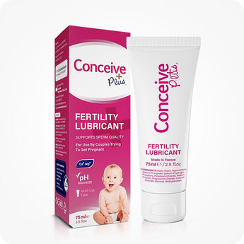 For Conceive Plus Max Combo - Fertility Lubricant Bundle, showing 75ml fertility lubricant multi-use tube alongside its retail box, both in signature pink and white colors with baby image and sperm quality support text, designed for couples trying to conceive.