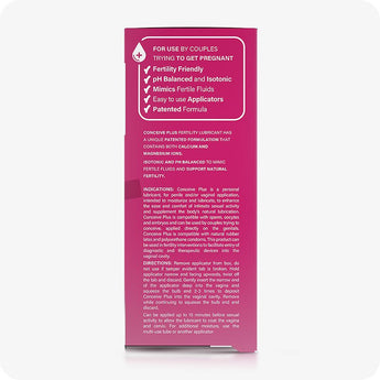 For Conceive Plus Maximum Fertility Bundle, image of box side panel for 8x4g pre-filled fertility lubricant applicators, displaying fertility-safe features like pH balance and sperm compatibility, alongside detailed usage directions, indications, and formulation highlights in white text on a pink background.