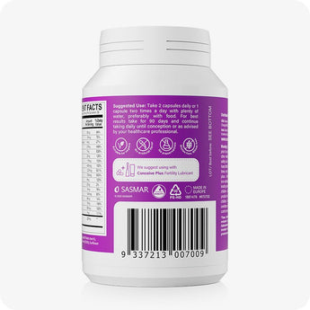 For Conceive Plus Maximum Fertility Bundle, image of women's fertility support bottle back label showing supplement facts, dosage instructions, usage recommendations, quality certifications, barcode, and a suggestion to pair with Conceive Plus Fertility Lubricant, all printed on purple packaging.