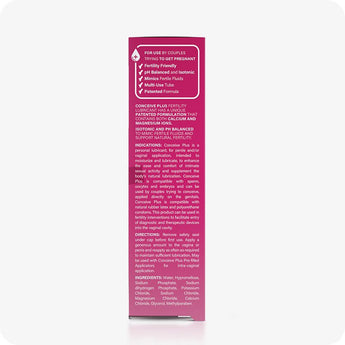 For Conceive Plus Men's Fertility Support and Fertility Lubricant Bundle, side panel of 30ml fertility lubricant box in deep pink, featuring fertility-friendly product benefits, usage directions, ingredients list, and compatibility details with sperm and condoms—text printed for transparency and consumer guidance.