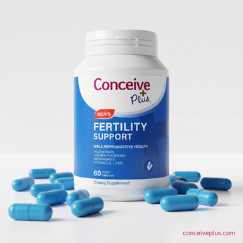Supplement bottle labeled 'Conceive Plus' with blue capsules on a white background