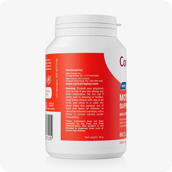 For Conceive Plus Motility and Ovulation Support Bundle, side label of Motility Support supplement for men, highlighting safety warnings, distribution addresses, barcode, and FDA disclaimer on a red background—designed to communicate usage guidance and authenticity for health-conscious buyers.