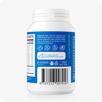 For Conceive Plus Motility Booster Bundle, back label of Men’s Fertility Support bottle showing suggested use, key benefits, barcode, and compatibility with Conceive Plus Fertility Lubricant, all displayed on a blue background with icons for vegan, allergen-free, and preservative-free formulation.