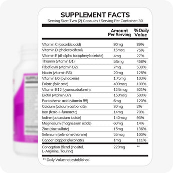 Conceive Plus Women's Fertility Support Supplement Facts panel shown in close-up, listing key vitamins and minerals per serving including folic acid, vitamin B12, zinc, and proprietary Conception Blend of Inositol, L-Arginine, and Taurine, displayed on white background.